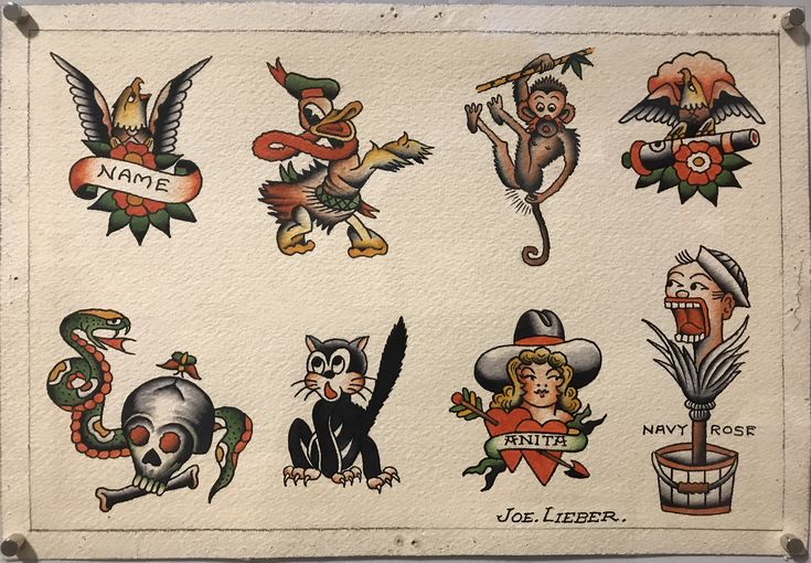 an old school tattoo flash sheet with cats, birds, and other tattoos on it