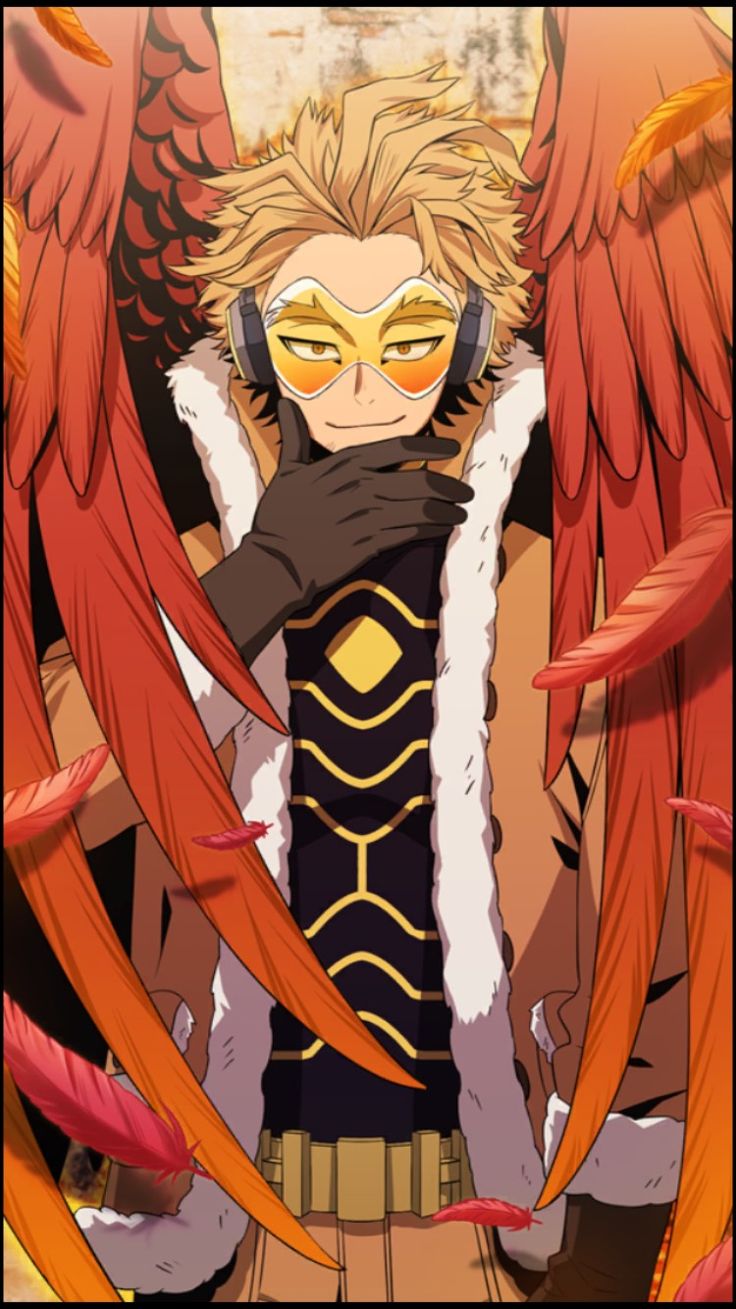 an anime character with large red wings on his head and yellow eyes, standing in front of