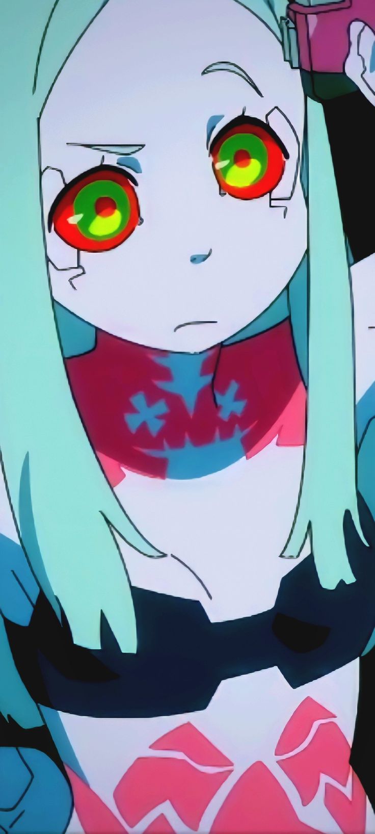 an anime character with red eyes and green hair holding a pink object in her hand