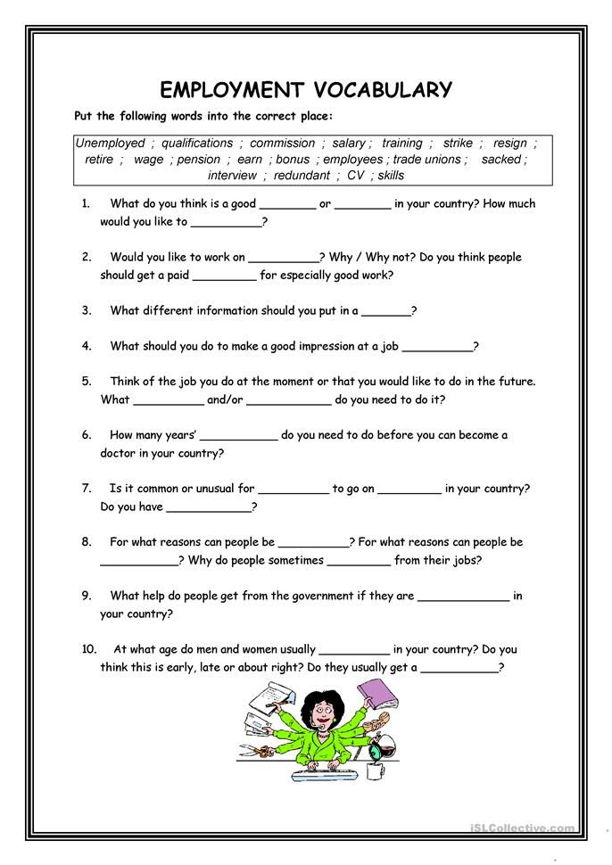 the employment vocaculaary worksheet