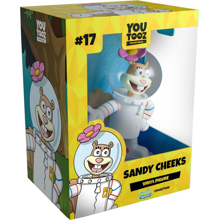 a box with an action figure inside of it that says you too? sandy cheeks