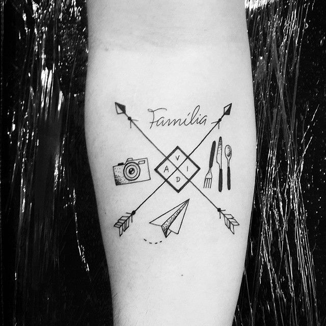 a person has a tattoo on their leg with arrows and other things in the background