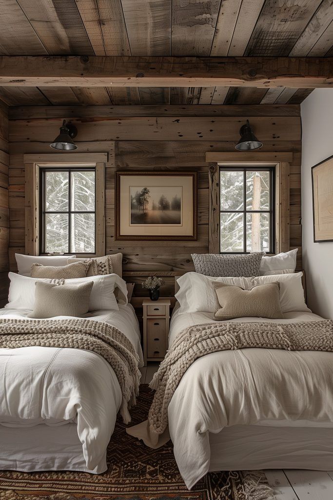 two beds in a room with wooden walls and flooring on either side of them