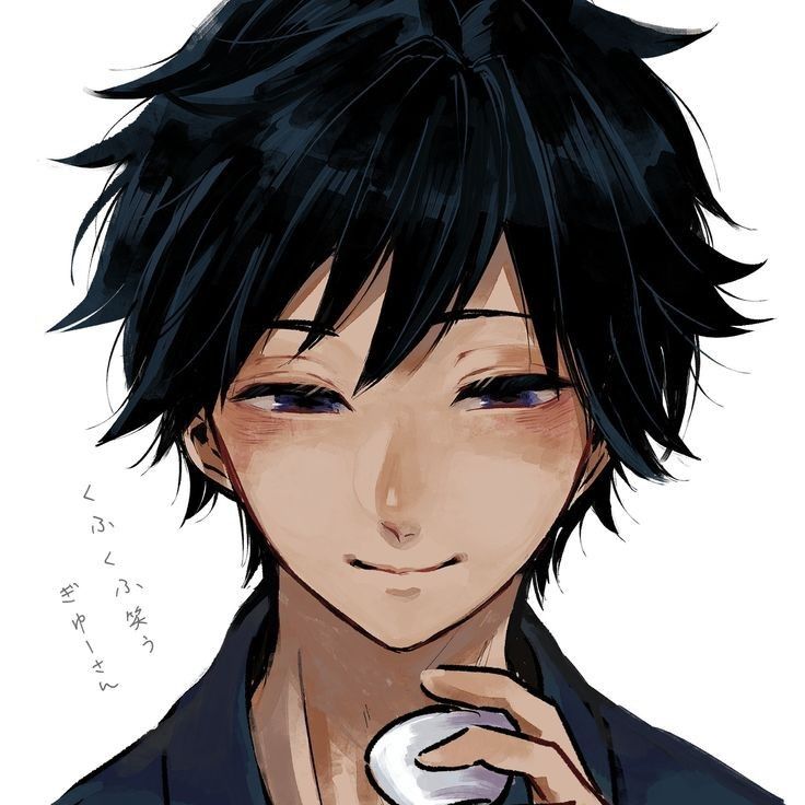 an anime character with black hair and blue eyes holding a white object in his hand