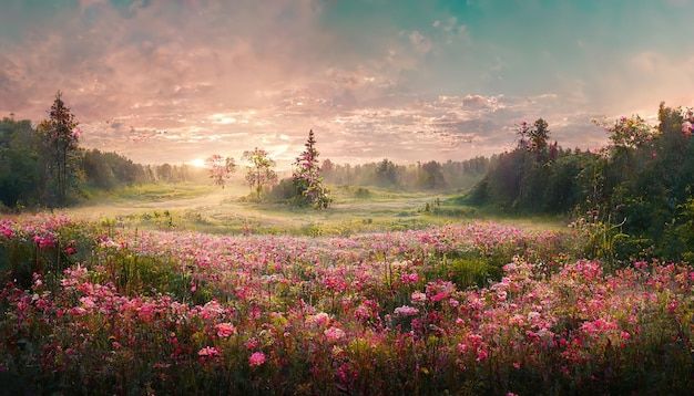 the sun shines brightly through the clouds over a field full of wildflowers