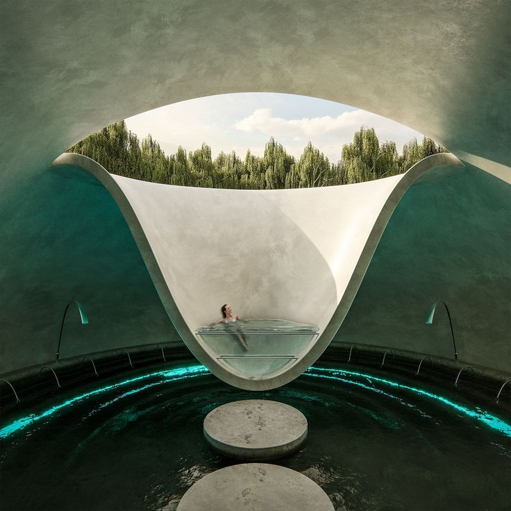 the inside of a futuristic building with water and trees in the background, as well as a man on a surfboard