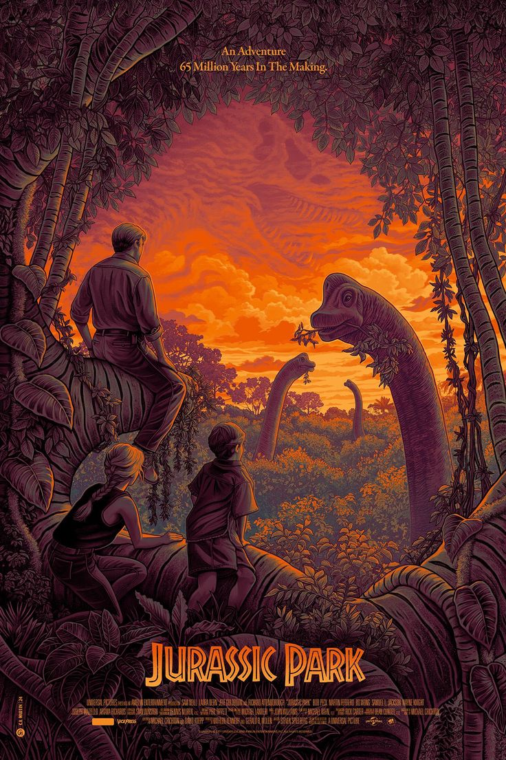 a movie poster for the film jurassic park with dinosaurs and people in front of an orange sky