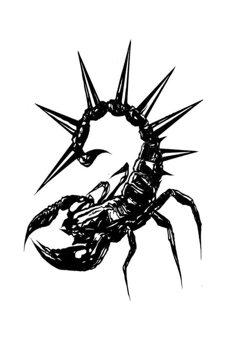 a black and white drawing of a scorpion with spikes on it's back legs