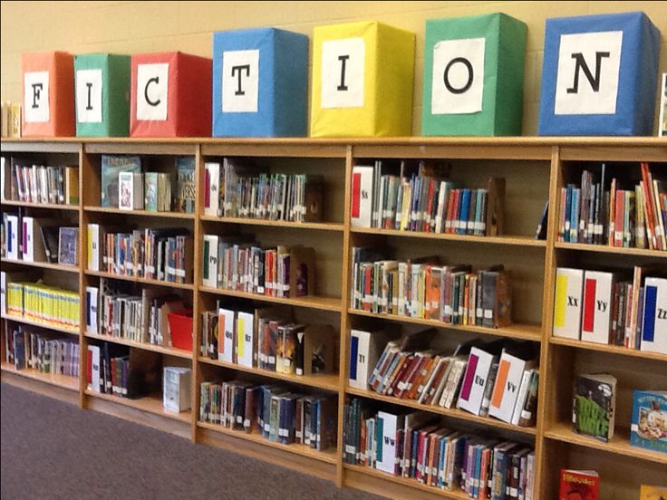 the bookshelves are filled with different types of books and letters that spell out fiction