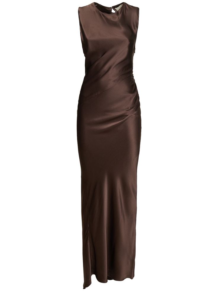 Back button closure at collar. Side zip closure. Asymmetric open back. Model is wearing a size34 Brown Satin Dress, Satin Long Dress, Brown Silk Dress, Satin Dress Long, Brown Satin, Brown Silk, Satin Dresses, Silk Satin, Silk Dress