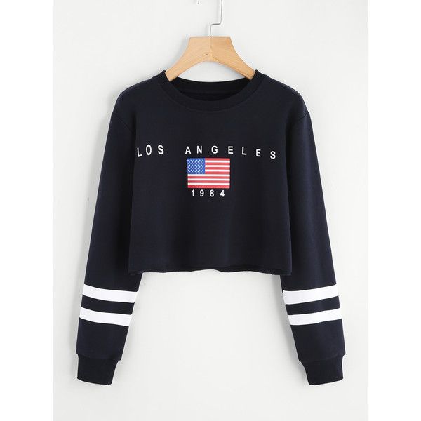 American Flag Print Varsity Striped Crop Sweatshirt (35 BRL) ❤ liked on Polyvore featuring tops, hoodies, sweatshirts, black, long sleeve pullover, polyester sweatshirt, stripe crop top, american flag sweatshirt and long-sleeve crop tops Black Crop Sweatshirt, American Flag Print, Crop Top Outfits, Black Sweatshirt, Sweatshirts Online, Crop Sweatshirt, Long Sleeve Casual, Casual Sweatshirt, Cropped Sweater