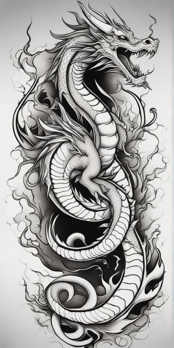 a black and white drawing of a dragon