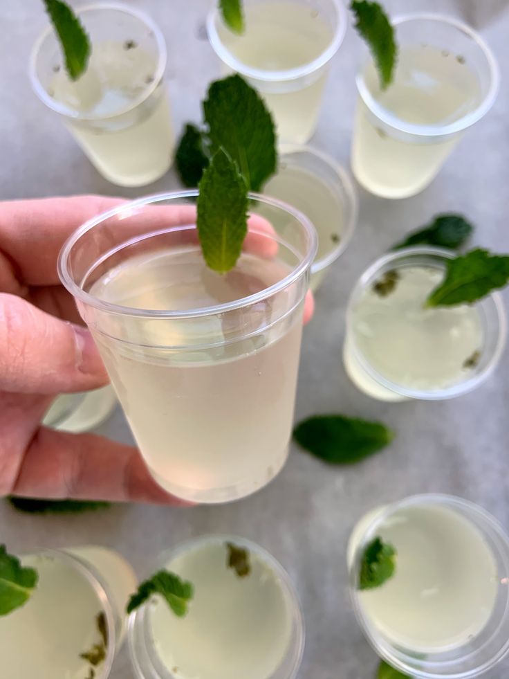 a hand holding a cup filled with water and mint