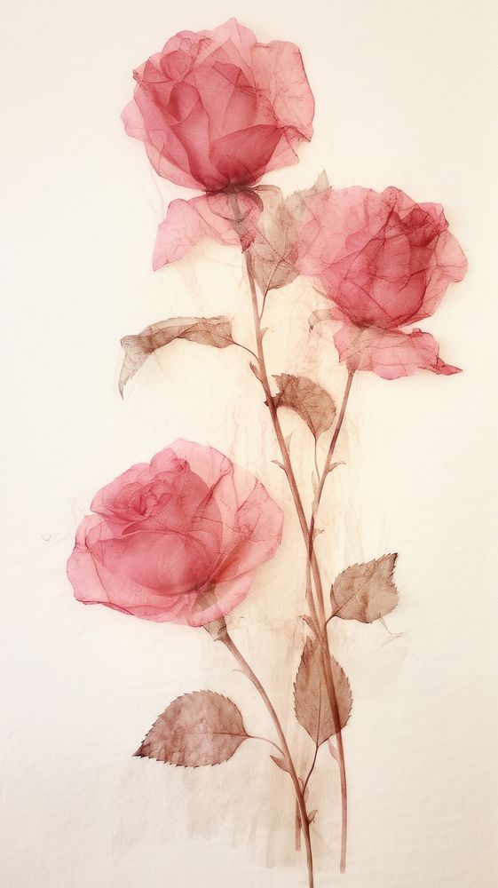 three pink roses are shown on a white background with watercolors and ink in it