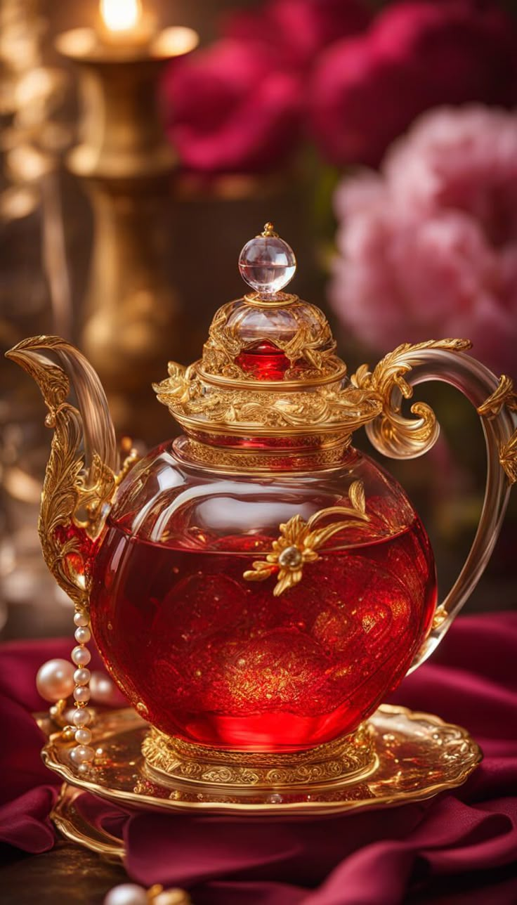 a glass teapot filled with red liquid