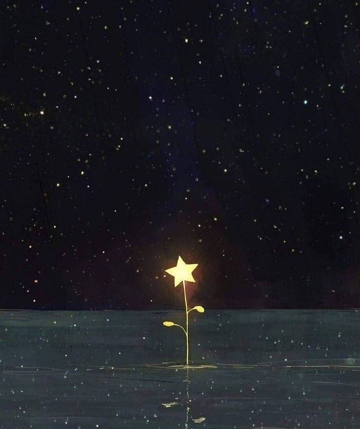 a lone star in the middle of water with stars above it and on the ground