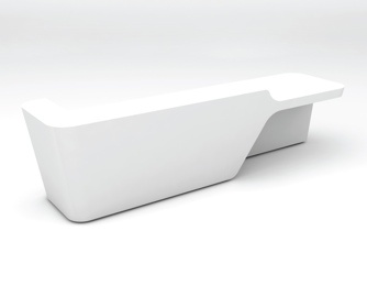 a white bench sitting on top of a white floor