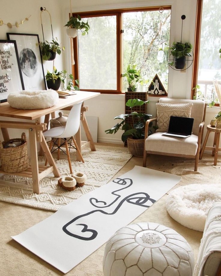 a living room filled with furniture and plants