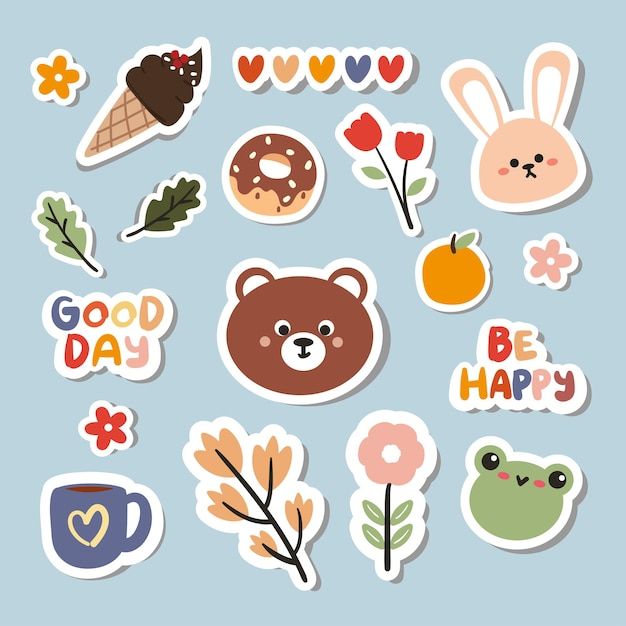 various stickers with cute animals and flowers