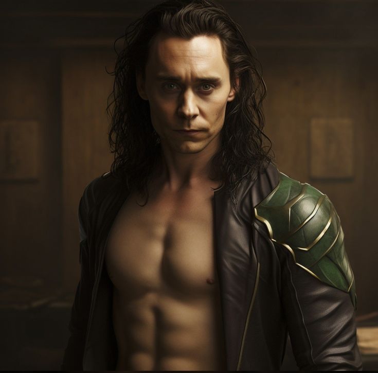 a man with long hair and no shirt wearing a green leather jacket is looking at the camera