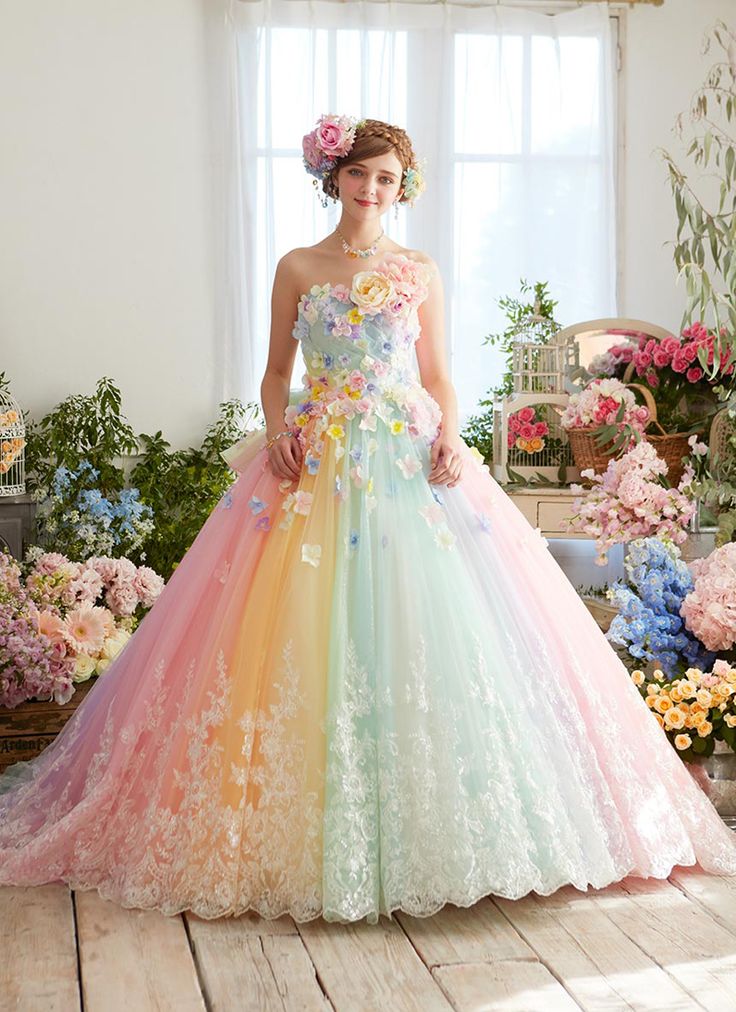 Amazing Colors! 24 Wedding Gowns Featuring Unbelievably Beautiful Mix of Colors! Pastel Wedding Dresses, Rainbow Wedding Dress, Fantasy Ideas, Ballroom Dresses, 파티 드레스, Rainbow Wedding, Girls Couture, Colorful Dress, Rainbow Dress