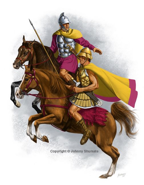 a man riding on the back of a brown horse next to a person in armor