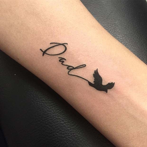 a tattoo with the word love written in cursive writing and a bird on it