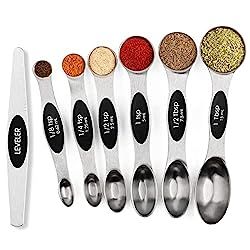 six spoons with different types of seasoning in them and labeled on the side