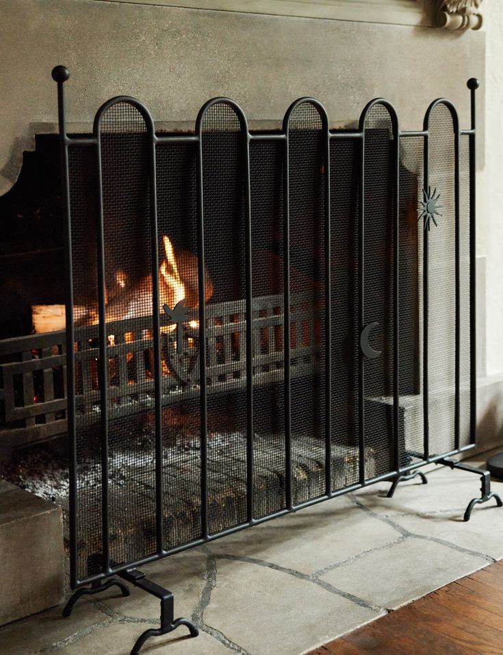 an iron fireplace screen in front of a fire place