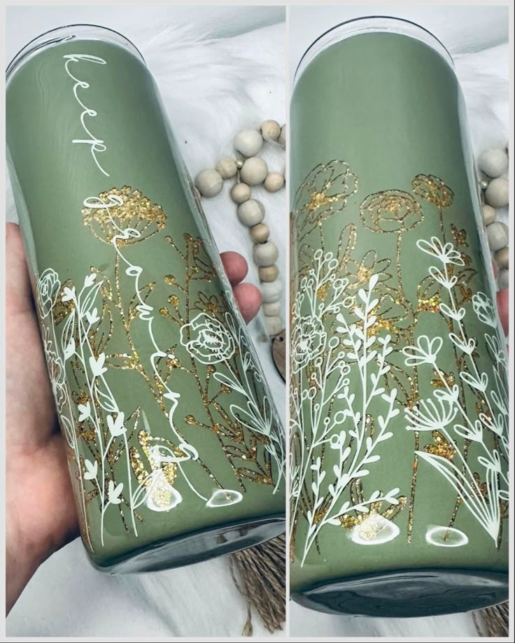 two pictures of the same green vase with flowers and leaves painted on it, next to some beads