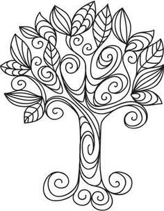 a black and white drawing of a tree with swirly leaves on it's branches