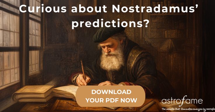 an old man sitting at a desk with a book in front of him and the words curious about nostradamus'predicions?