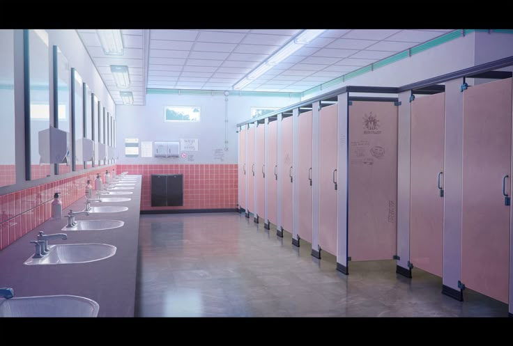 a public restroom with pink stalls and sinks