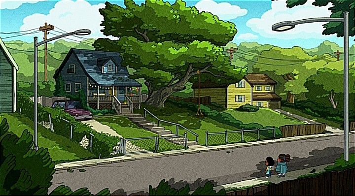 the cartoon house is surrounded by trees, houses and street lights on either side of the road