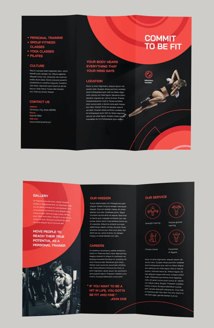 two fold brochure with red circles on the front and back pages, one in black