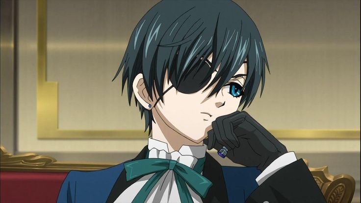 an anime character with black hair and blue eyes