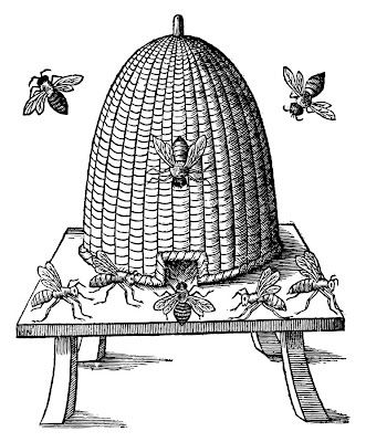 a beehive sitting on top of a wooden table with bees around it, vintage line drawing or engraving illustration