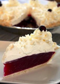 a slice of pie on a white plate with blueberries and whipped cream toppings