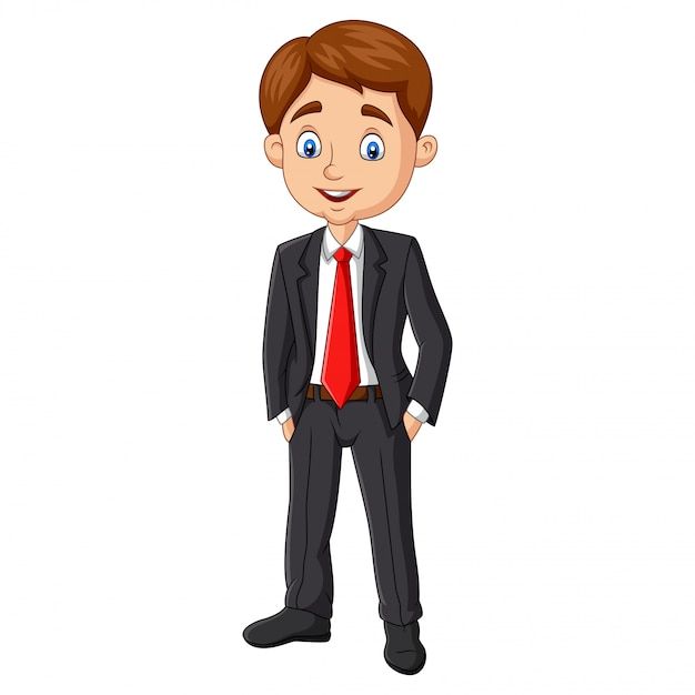 a cartoon man in a suit and tie standing with his hands on his hipss