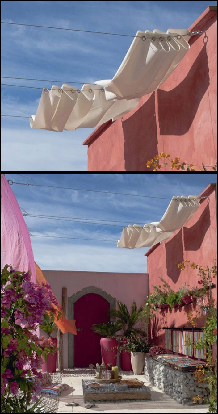 two pictures of the outside of a house with pink walls and white awnings