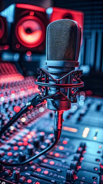 a microphone and sound mixing equipment in a recording studio