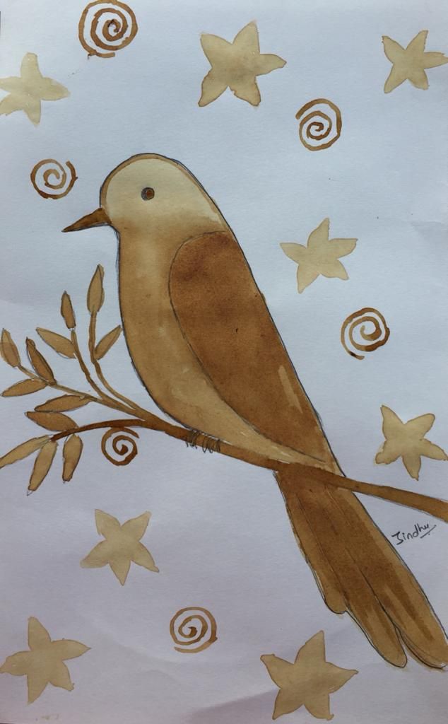 a drawing of a bird sitting on a branch with stars in the sky behind it