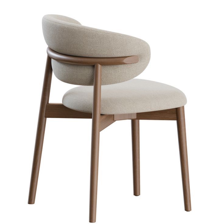 an upholstered chair with wooden legs and a beige fabric seat, viewed from the front