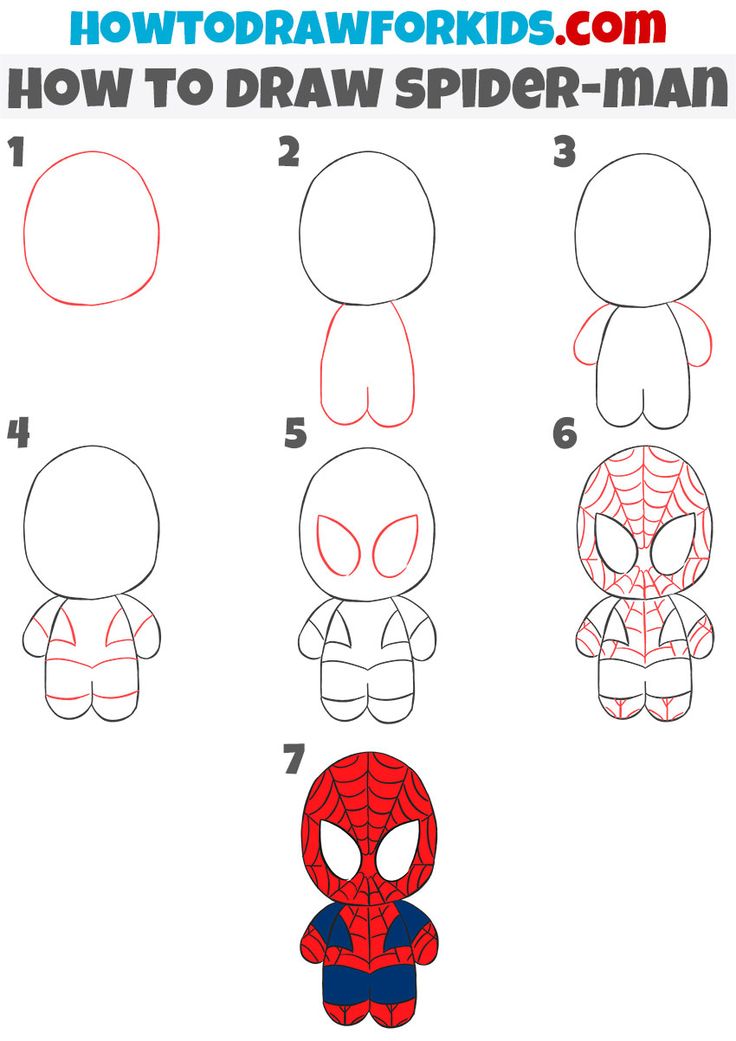 how to draw spiderman step by step for kids in the style of cartoon characters