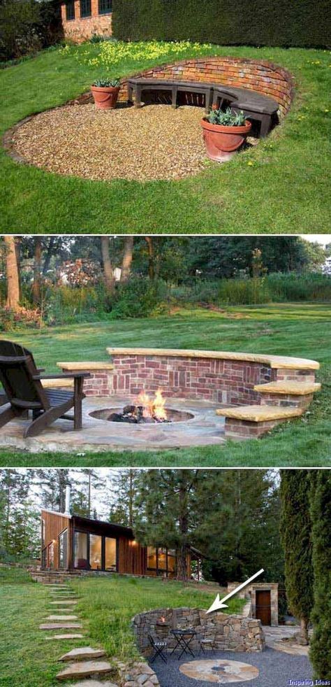 an outdoor fire pit in the middle of some grass