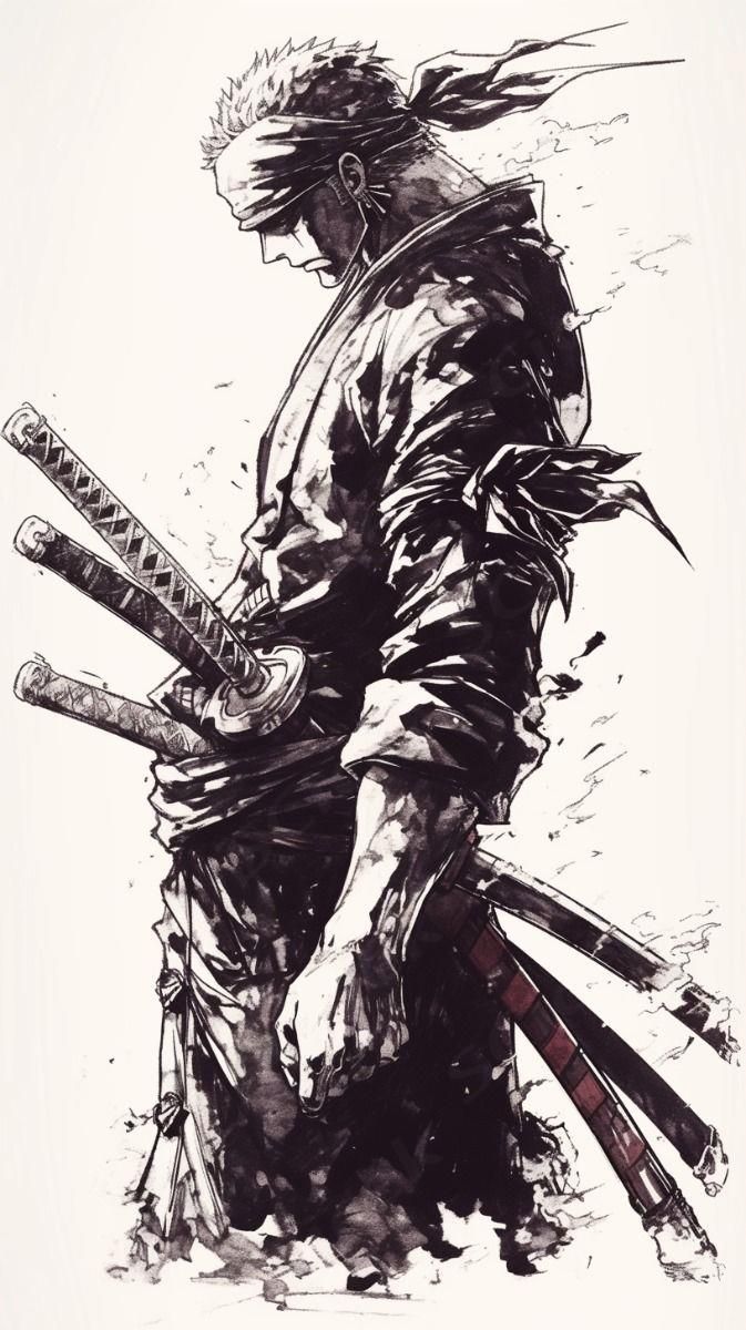 an ink drawing of a samurai holding two swords and looking down at something in the distance