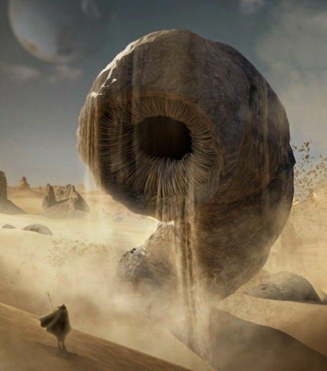 a giant object in the middle of a desert with rocks and sand blowing up around it