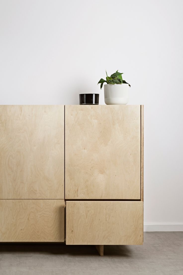 a plant sitting on top of a wooden cabinet