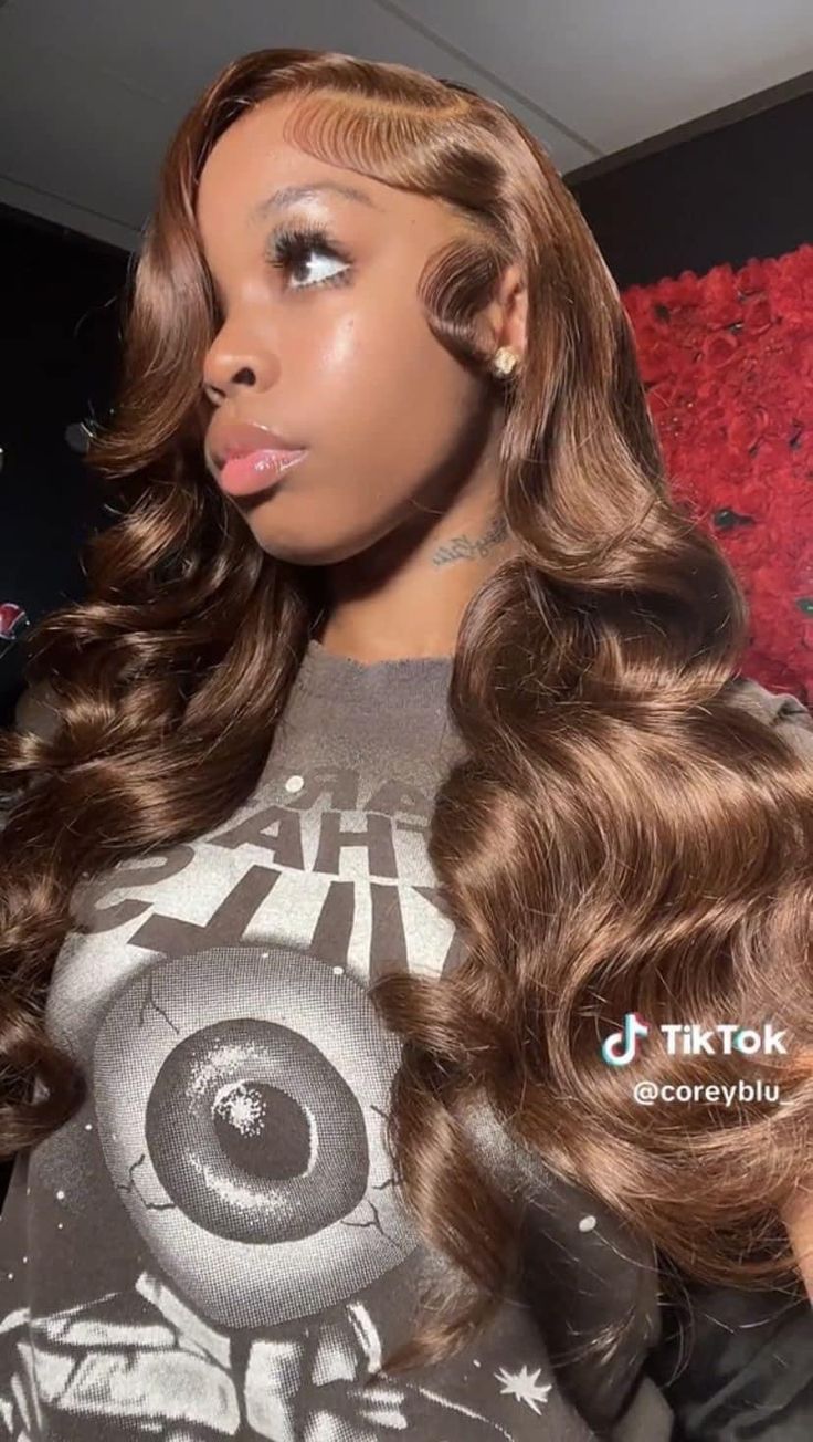 Dark Brown Lace Front Wig Black Women, Chocolate Brown Hair Color Black Women Wig, Colored Wigs For Brown Skin, Cinnamon Frontal Wig, Brown Lace Wig Black Women, Honey Brown Weave Black Women, Brown Lace Front Wig Side Part, Brown Hair Wig Black Women, Light Brown Wigs For Black Women