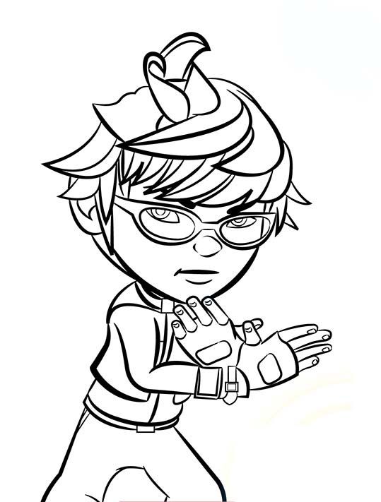 an image of a boy with glasses and a hat on his head, pointing at something